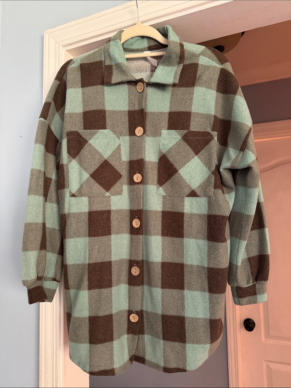Honeyme Mint and Brown Buffalo Plaid Shacket